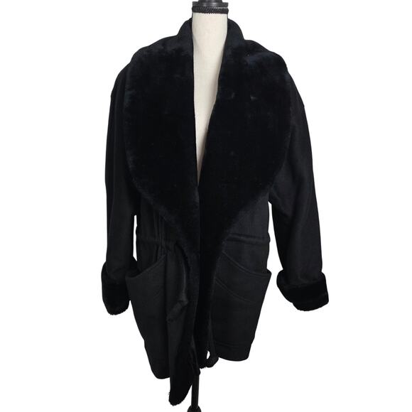 Portrait Black Faux Fur Shawl Collar Belted Jacket Women’s Size 4 Vintage Cozy - Picture 2 of 12